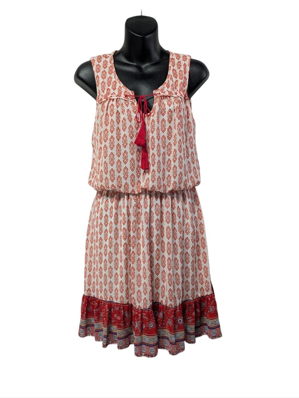 Lily Rose White Red Ikat Tiered Midi Dress Women's Size M Sleeveless Tassel Tie